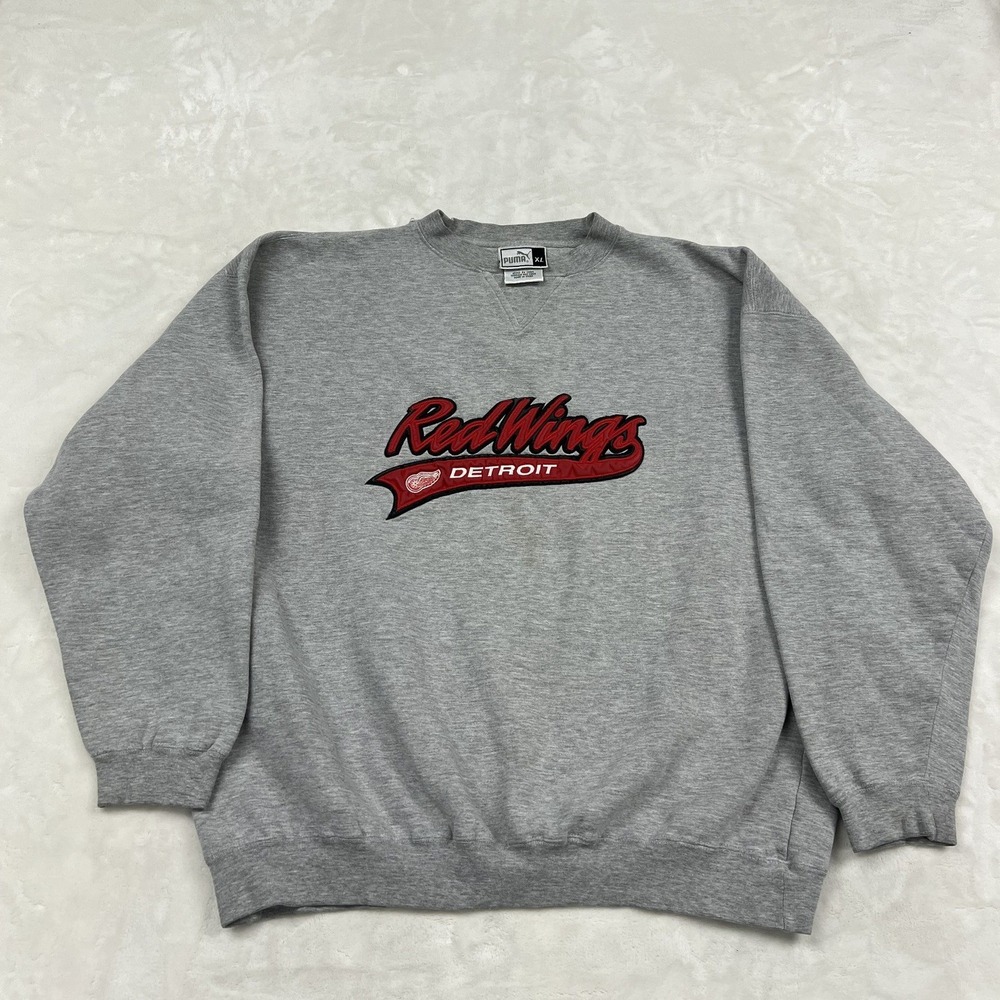 Puma Sweatshirt Mens XL Gray Detroit Red Wings Embroidered Crewneck P802A